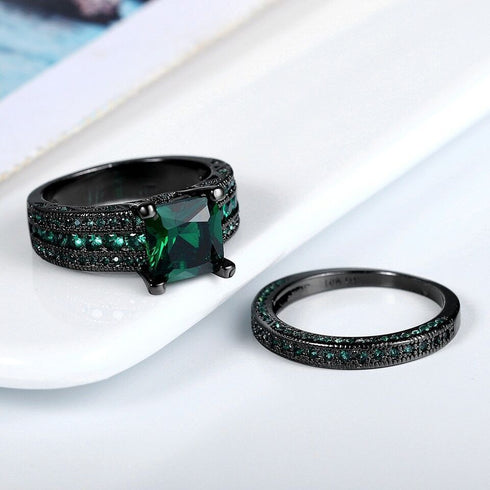 2 Pcs Princess Cut Green Black 18K Gold Plated Cubic Zirconia Women's Ring
